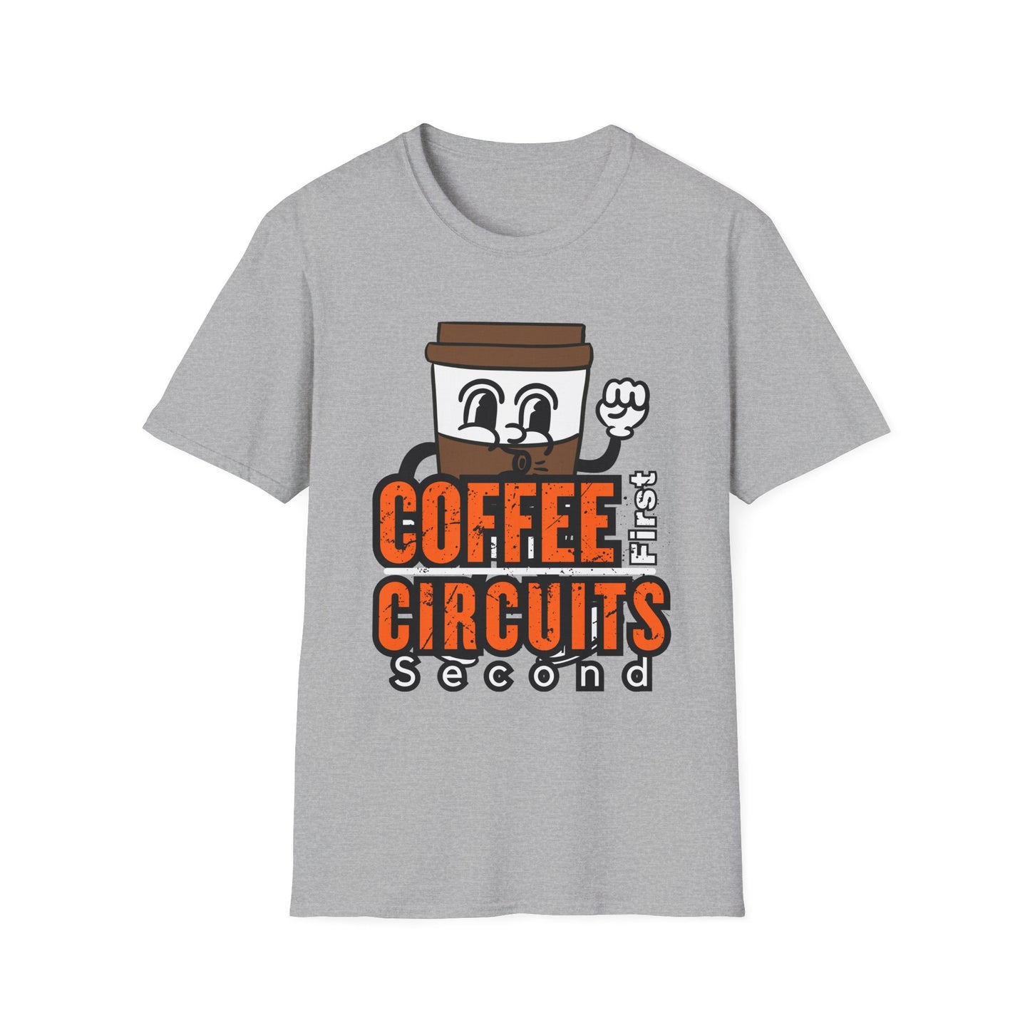 Coffee First Circuits Second Cartoon Unisex T-Shirt, Funny Coffee Tee, Gift for Engineers, Electrician T-shirt