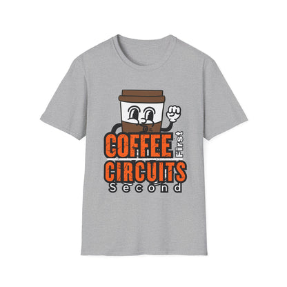 Coffee First Circuits Second Cartoon Unisex T-Shirt, Funny Coffee Tee, Gift for Engineers, Electrician T-shirt