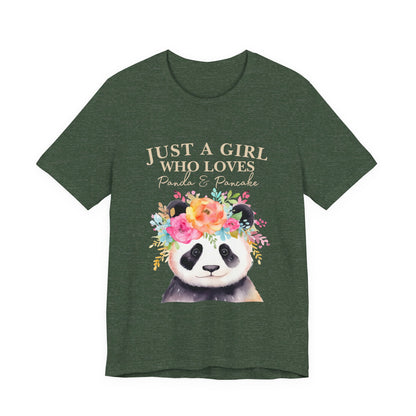 Adorable Panda Lover Tee - Just a Girl Who Loves Pandas & Pancakes, Cute Animal Shirt, Gift for Panda Fans, Casual Wear, Summer Top