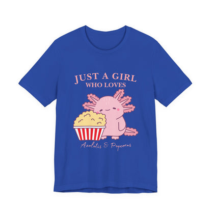 Cute Axolotl Love Popcorn Tee, Fun T-Shirt for Aquatic Lovers, Gift for Pet Lovers, Unique Animal Shirt, Casual Wear, Pop Culture Tee