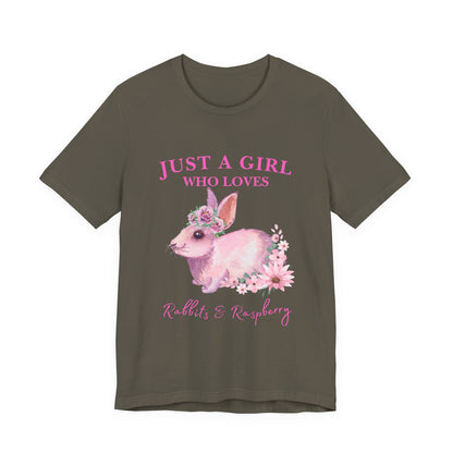 Rabbits & Raspberry Lover Tee, Cute Animal T-Shirt, Girl Who Loves Rabbit T-shirt, Gift for Bunny Lovers, Animal Lover Apparel, Floral Graphic Tee