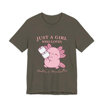 Just a Girl Who Loves Axolotls Tee, Cute Graphic T-Shirt, Unisex Casual Wear, Animal Lovers Gift, Birthday Present, Axolotis and Marshmellow