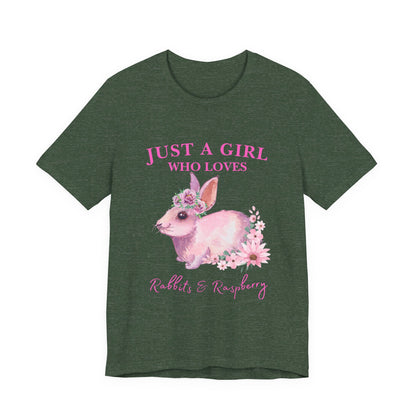 Rabbits & Raspberry Lover Tee, Cute Animal T-Shirt, Girl Who Loves Rabbit T-shirt, Gift for Bunny Lovers, Animal Lover Apparel, Floral Graphic Tee