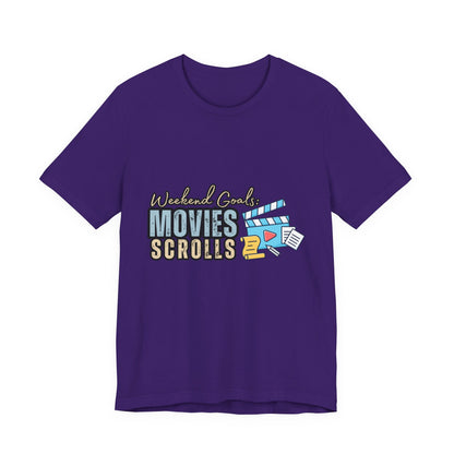Weekend Vibes Movies Scrolls Tee - Unisex Jersey Short Sleeve Shirt for Movie Lovers, Casual Wear, Gifting, Relaxing Nights, Fun Movie [...]