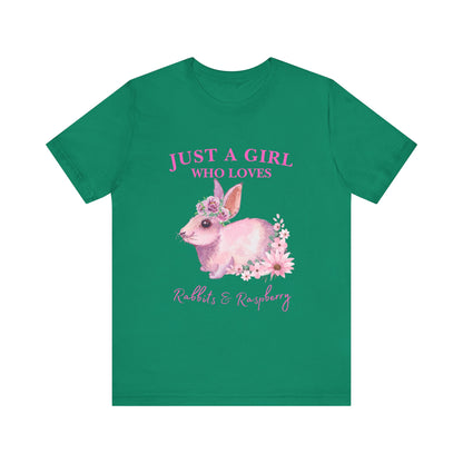 Rabbits & Raspberry Lover Tee, Cute Animal T-Shirt, Girl Who Loves Rabbit T-shirt, Gift for Bunny Lovers, Animal Lover Apparel, Floral Graphic Tee