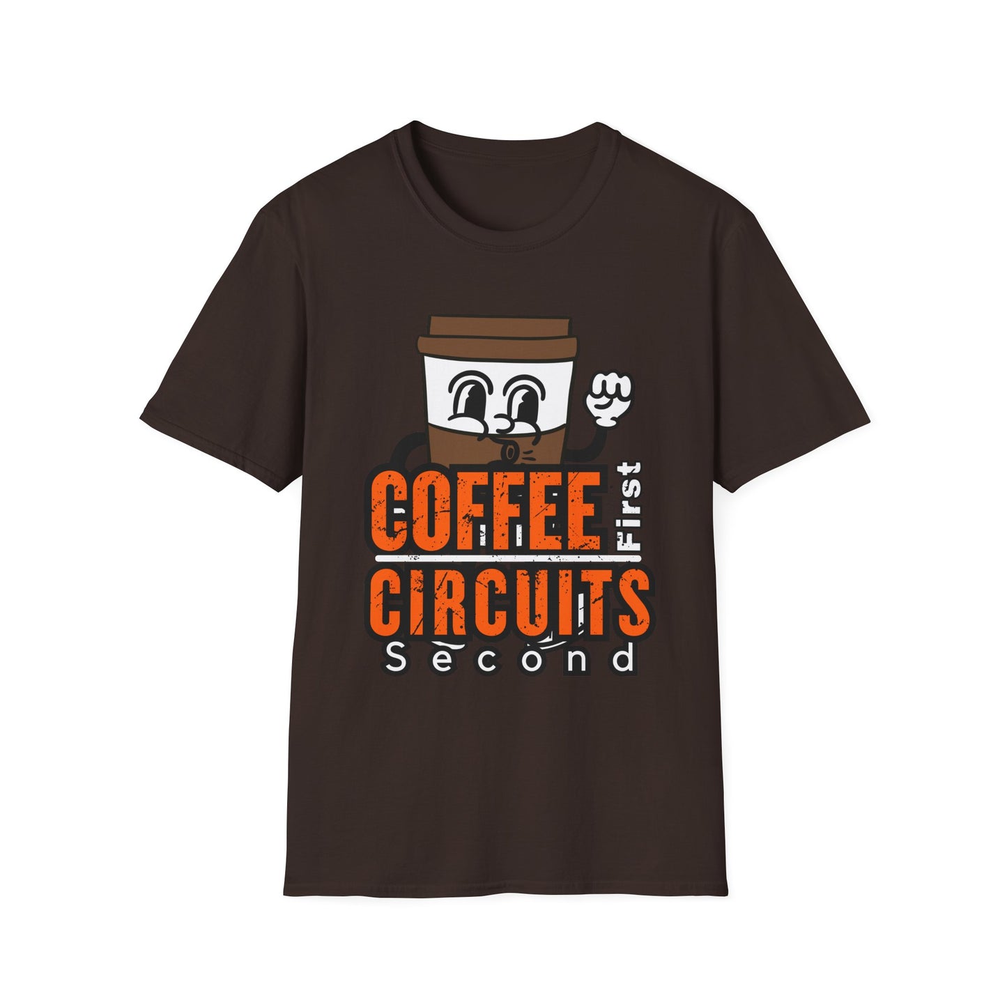 Coffee First Circuits Second Cartoon Unisex T-Shirt, Funny Coffee Tee, Gift for Engineers, Electrician T-shirt
