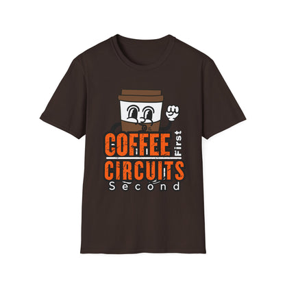 Coffee First Circuits Second Cartoon Unisex T-Shirt, Funny Coffee Tee, Gift for Engineers, Electrician T-shirt