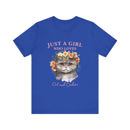 Just a Girl Who Loves Cats and Cookies Tee - Cute Cat Lover Shirt, Gift for Cat Moms, Funny Pet Apparel, Birthday Gift, Relaxed Fit T-Shirt