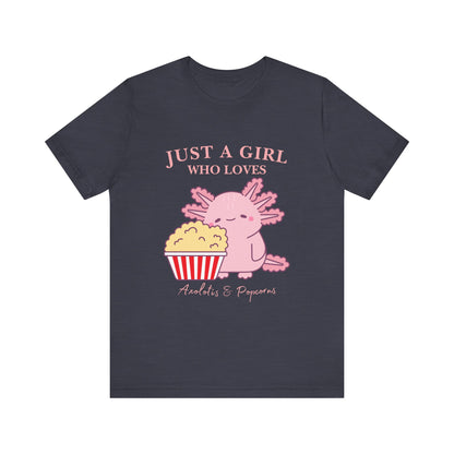 Cute Axolotl Love Popcorn Tee, Fun T-Shirt for Aquatic Lovers, Gift for Pet Lovers, Unique Animal Shirt, Casual Wear, Pop Culture Tee