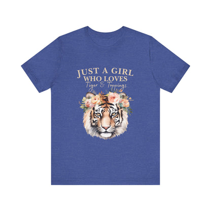Just a Girl Who Loves Tiger Short Sleeve Tee, Animal Lover Shirt, Floral Graphic Tee, Casual Wear, Birthday Gift, Nature Enthusiast