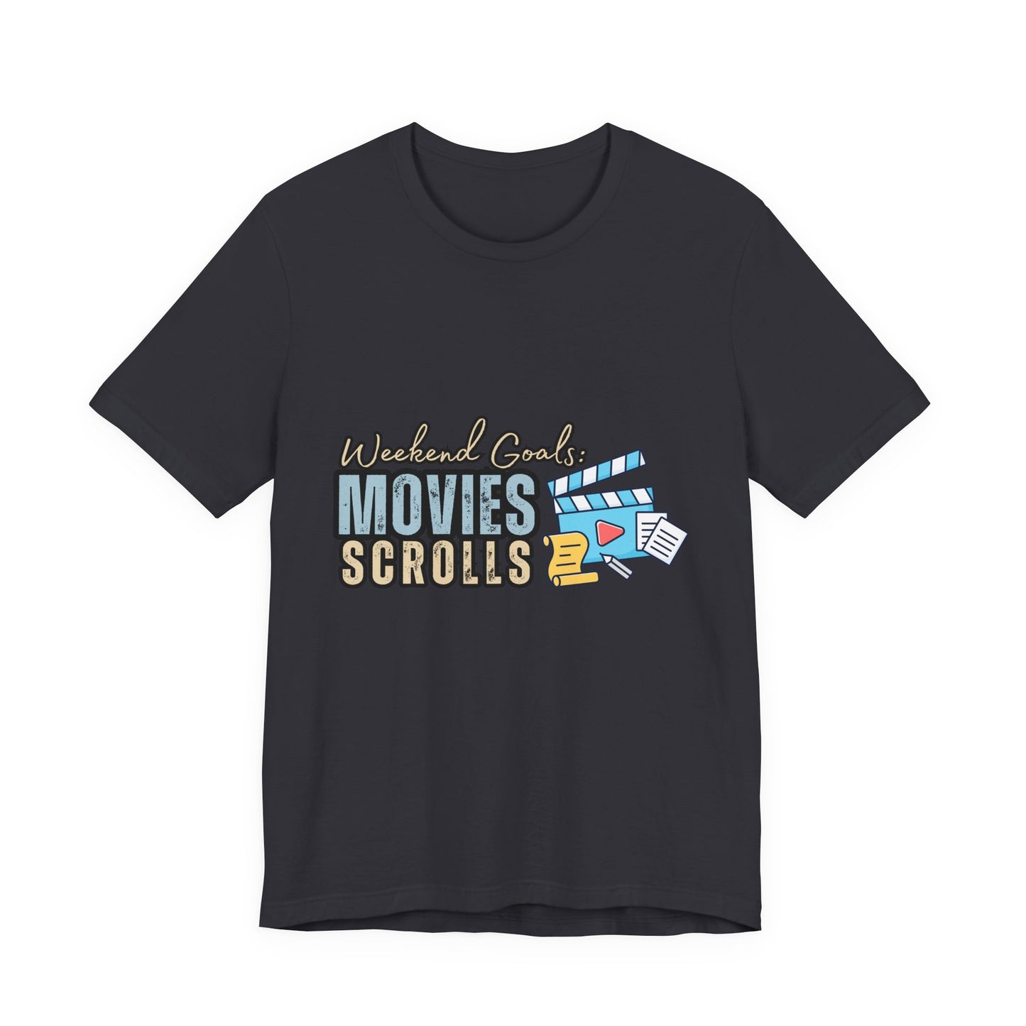 Weekend Vibes Movies Scrolls Tee - Unisex Jersey Short Sleeve Shirt for Movie Lovers, Casual Wear, Gifting, Relaxing Nights, Fun Movie [...]
