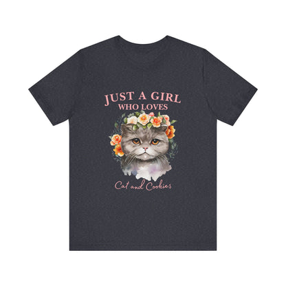 Just a Girl Who Loves Cats and Cookies Tee - Cute Cat Lover Shirt, Gift for Cat Moms, Funny Pet Apparel, Birthday Gift, Relaxed Fit T-Shirt
