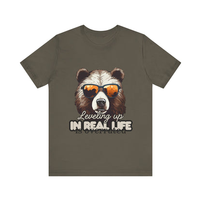 Cool Bear Graphic Tee, Leveling Up in Real Life, Funny T-Shirt for Nature Lovers, Gift for Birthday, Summer Wardrobe, Casual Wear