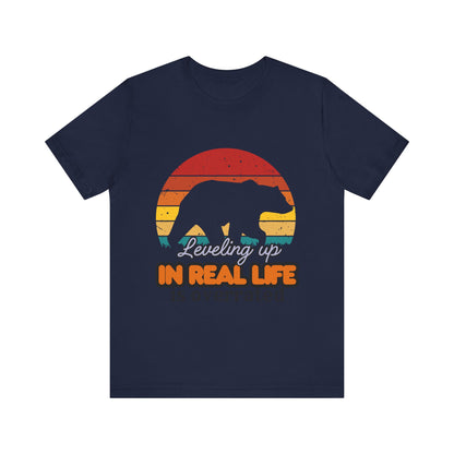 Retro Bear Graphic Tee - 'Leveling Up in Real Life is Overrated', Casual Wear, Gifts for Nature Lovers, Outdoor Adventures, Everyday Style, Gamer Tee