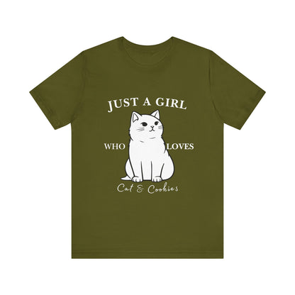 Cat Lover's Tee - 'Just a Girl Who Loves Cats & Cookies', Gift for Cat Mom, Cute Soft T-Shirt, Animal Lover Apparel, Birthday Gift