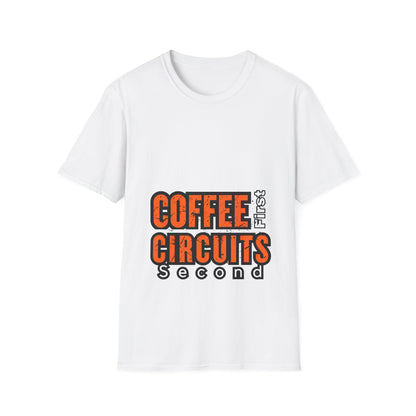 Coffee First Circuits Panel Second Unisex Softstyle T-Shirt | Electrician Shirt | Electrician T-Shirt | Electrician Gift