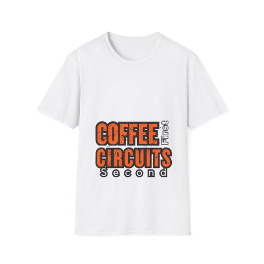 Coffee First Circuits Panel Second Unisex Softstyle T-Shirt | Electrician Shirt | Electrician T-Shirt | Electrician Gift