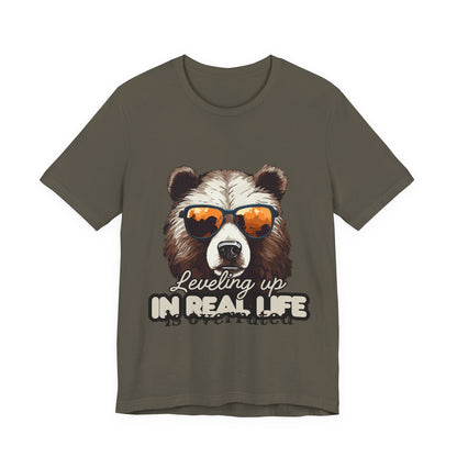 Cool Bear Graphic Tee, Leveling Up in Real Life, Funny T-Shirt for Nature Lovers, Gift for Birthday, Summer Wardrobe, Casual Wear