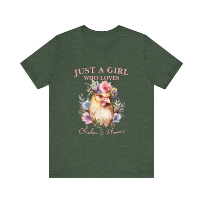 Just a Girl Who Loves Chickens Tee, Funny Farm Animal Shirt, Floral Graphic Tee, Gift for Chicken Lovers, Farmhouse Fashion