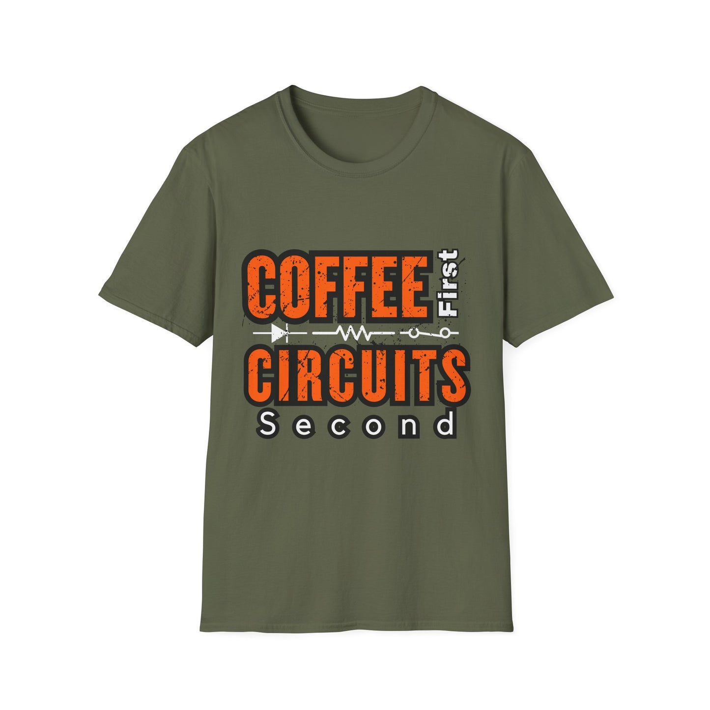 Coffee First Circuits Second  Diode nisex Softstyle T-Shirt | Gift for Engineers, Electrician, Tech Lovers, DIY Design