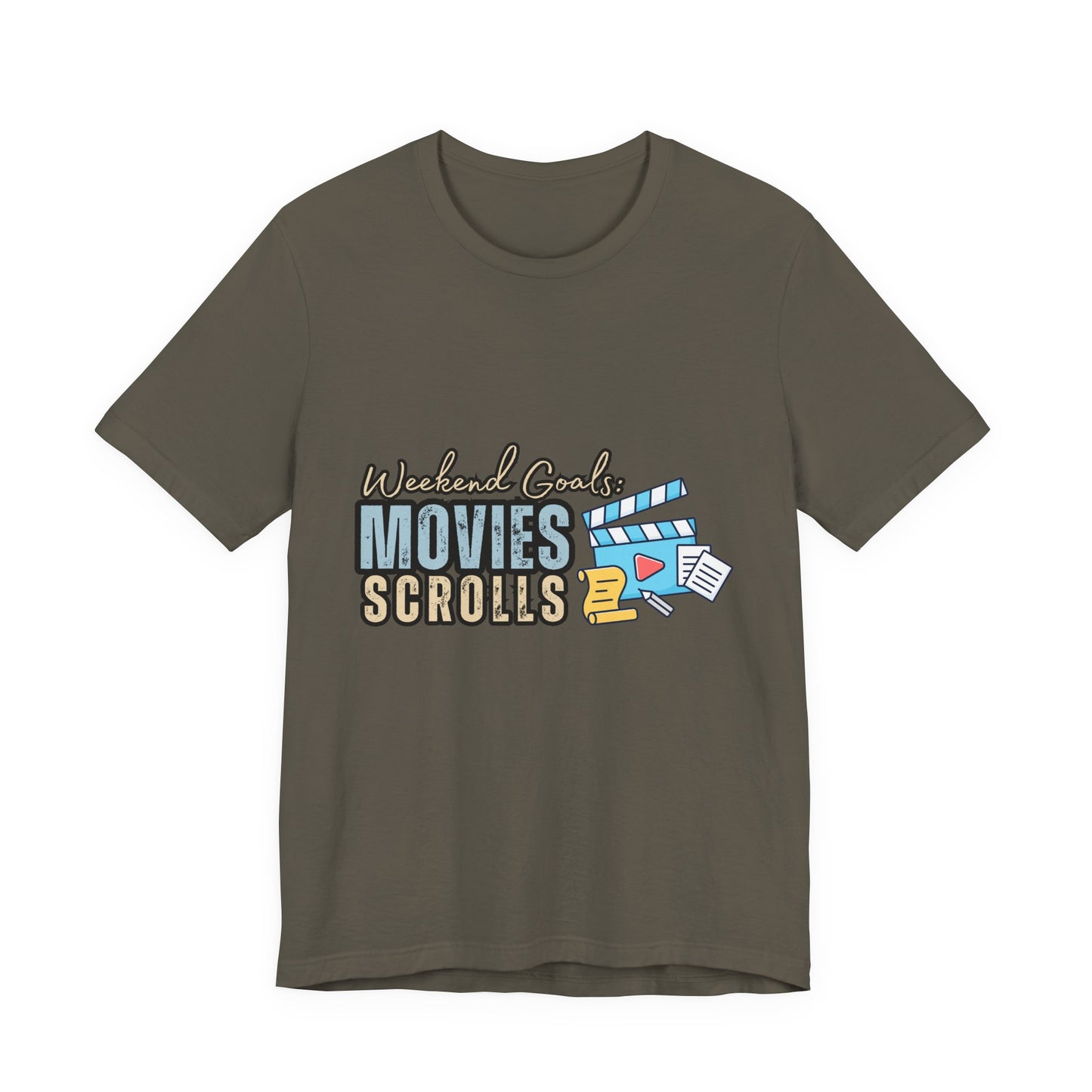 Weekend Vibes Movies Scrolls Tee - Unisex Jersey Short Sleeve Shirt for Movie Lovers, Casual Wear, Gifting, Relaxing Nights, Fun Movie [...]