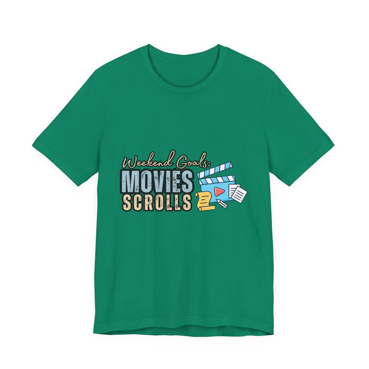 Weekend Vibes Movies Scrolls Tee - Unisex Jersey Short Sleeve Shirt for Movie Lovers, Casual Wear, Gifting, Relaxing Nights, Fun Movie [...]