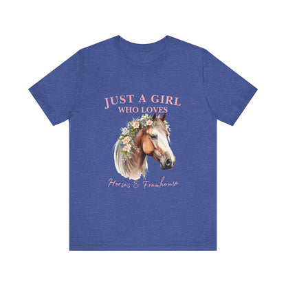 Just a Girl Who Loves Horses Jersey Tee | Equestrian Gift | Horse Lover T-Shirt | Floral Graphic Tee | Birthday Gift