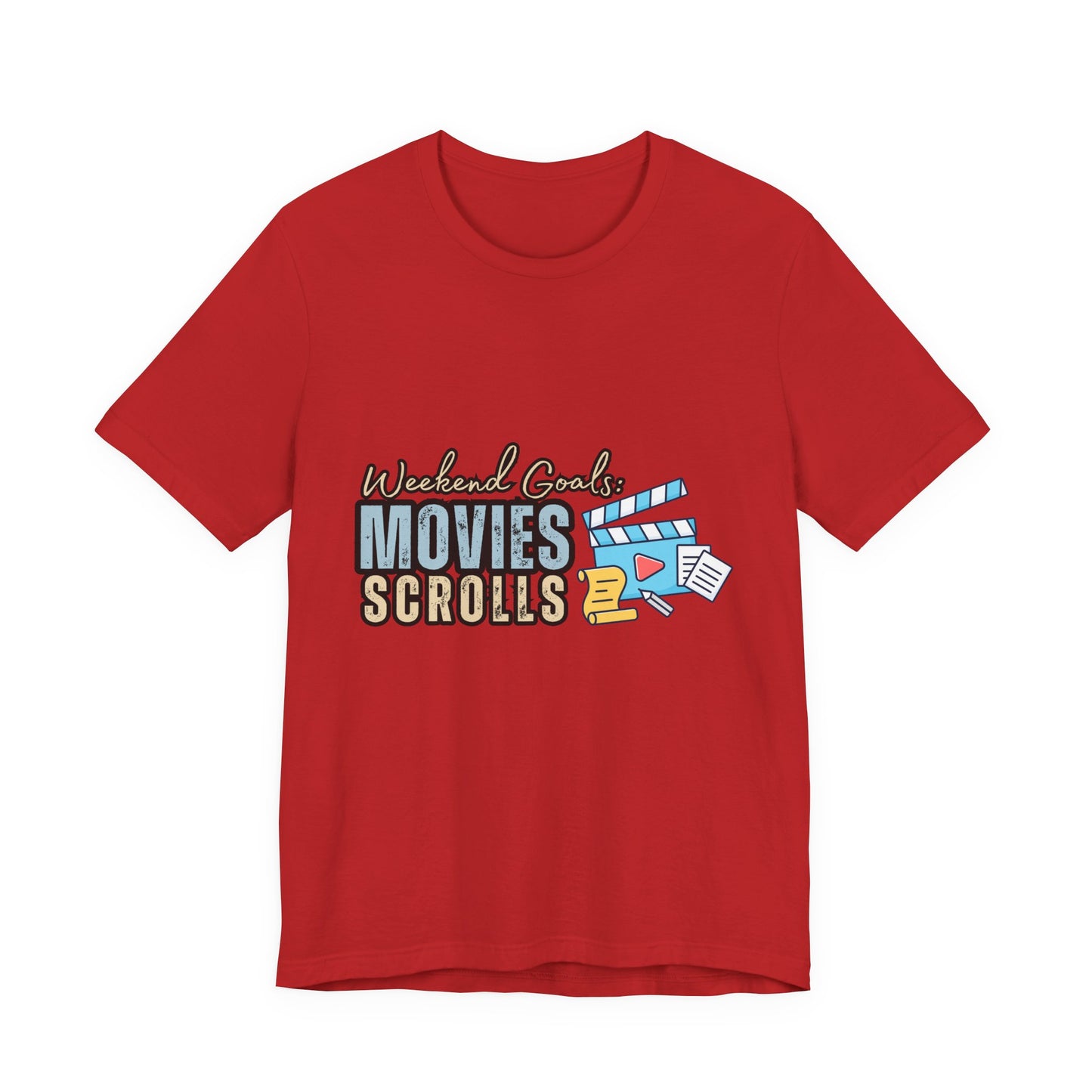 Weekend Vibes Movies Scrolls Tee - Unisex Jersey Short Sleeve Shirt for Movie Lovers, Casual Wear, Gifting, Relaxing Nights, Fun Movie [...]