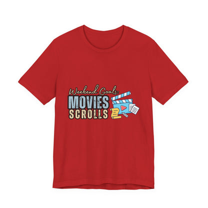 Weekend Vibes Movies Scrolls Tee - Unisex Jersey Short Sleeve Shirt for Movie Lovers, Casual Wear, Gifting, Relaxing Nights, Fun Movie [...]