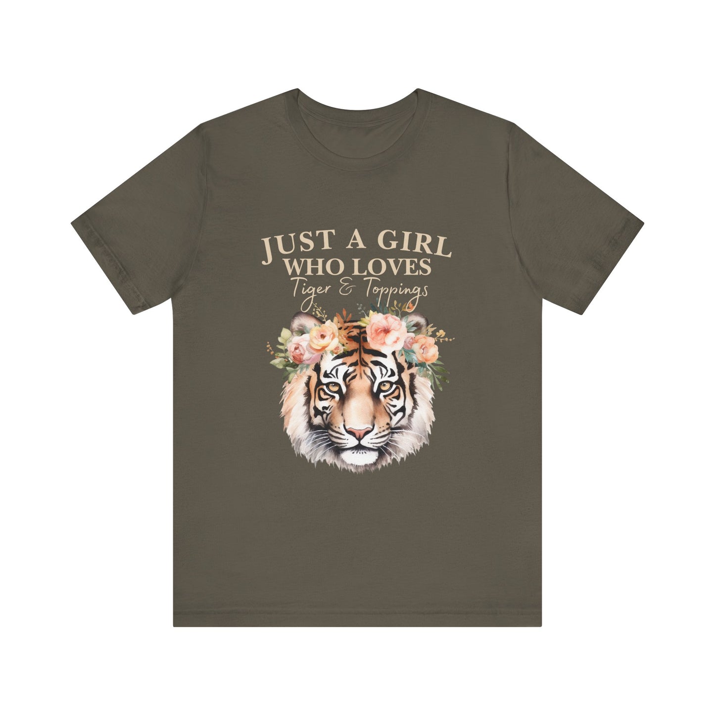 Just a Girl Who Loves Tiger Short Sleeve Tee, Animal Lover Shirt, Floral Graphic Tee, Casual Wear, Birthday Gift, Nature Enthusiast