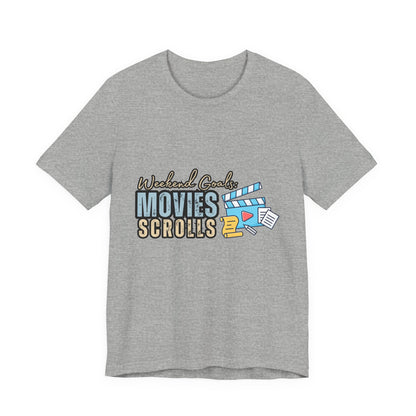 Weekend Vibes Movies Scrolls Tee - Unisex Jersey Short Sleeve Shirt for Movie Lovers, Casual Wear, Gifting, Relaxing Nights, Fun Movie [...]