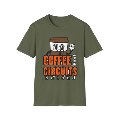 Coffee First Circuits Second Cartoon Unisex T-Shirt, Funny Coffee Tee, Gift for Engineers, Electrician T-shirt