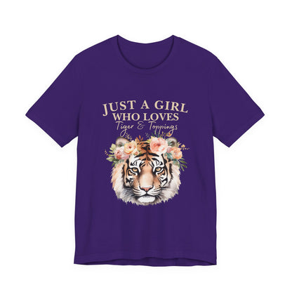 Just a Girl Who Loves Tiger Short Sleeve Tee, Animal Lover Shirt, Floral Graphic Tee, Casual Wear, Birthday Gift, Nature Enthusiast