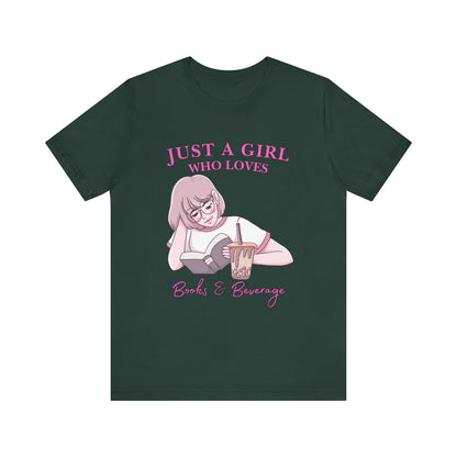 Just a Girl Who Loves Books & Beverages Tee | Cozy Reading T-Shirt, Gift for Book Lovers, Cute Bookish Apparel, Literary Fashion