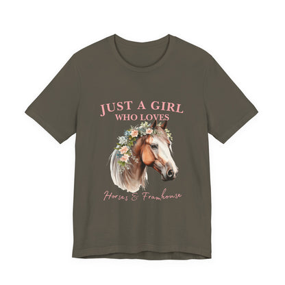 Just a Girl Who Loves Horses Jersey Tee | Equestrian Gift | Horse Lover T-Shirt | Floral Graphic Tee | Birthday Gift