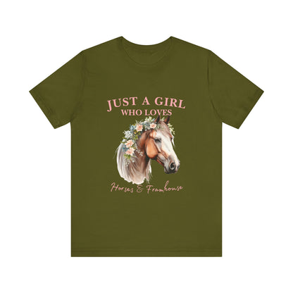Just a Girl Who Loves Horses Jersey Tee | Equestrian Gift | Horse Lover T-Shirt | Floral Graphic Tee | Birthday Gift