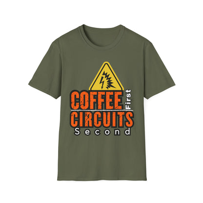 Coffee First Circuits Second Unisex T-Shirt, Funny Gift for Engineers, Electrician Tee, Tech Lover Apparel, Casual Wear, Birthday Gift