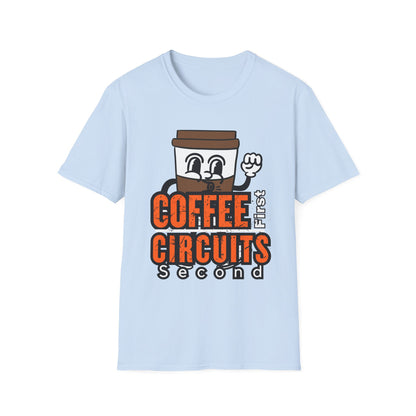Coffee First Circuits Second Cartoon Unisex T-Shirt, Funny Coffee Tee, Gift for Engineers, Electrician T-shirt