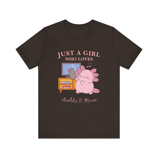 Cute Music Lover Tee, Just a Girl Who Loves, Gift for Her, Music Aesthetics, Anime Style T-shirt, Unique Graphic Tee, Axolotis T-shirt