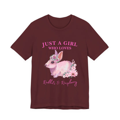Rabbits & Raspberry Lover Tee, Cute Animal T-Shirt, Girl Who Loves Rabbit T-shirt, Gift for Bunny Lovers, Animal Lover Apparel, Floral Graphic Tee