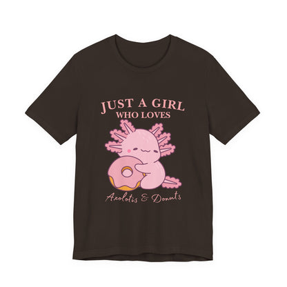 Just a Girl Who Loves Donuts Tee, Cute Graphic T-Shirt, Foodie Gift, Unisex Short Sleeve Shirt, Doughnut Lover Apparel, Fun Casual Wear, Axolotis Tee
