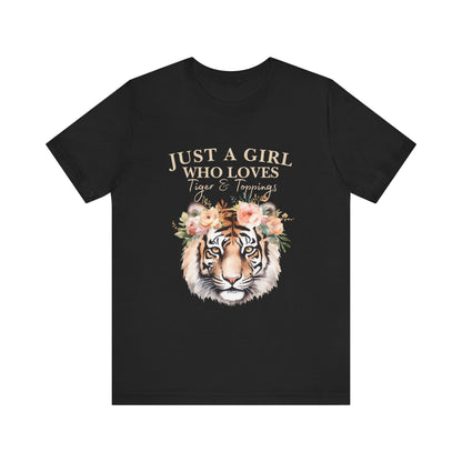 Just a Girl Who Loves Tiger Short Sleeve Tee, Animal Lover Shirt, Floral Graphic Tee, Casual Wear, Birthday Gift, Nature Enthusiast