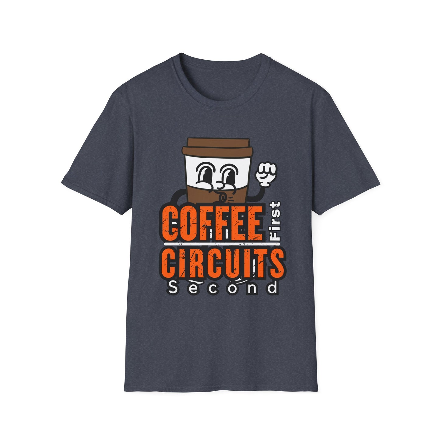 Coffee First Circuits Second Cartoon Unisex T-Shirt, Funny Coffee Tee, Gift for Engineers, Electrician T-shirt