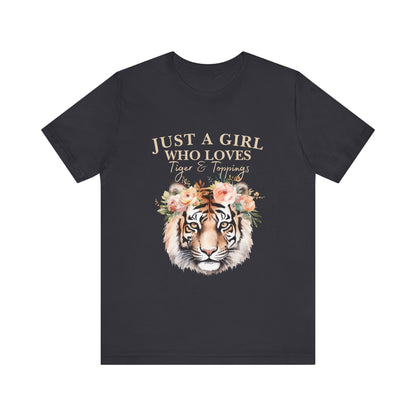 Just a Girl Who Loves Tiger Short Sleeve Tee, Animal Lover Shirt, Floral Graphic Tee, Casual Wear, Birthday Gift, Nature Enthusiast