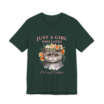 Just a Girl Who Loves Cats and Cookies Tee - Cute Cat Lover Shirt, Gift for Cat Moms, Funny Pet Apparel, Birthday Gift, Relaxed Fit T-Shirt