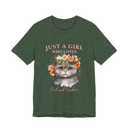 Just a Girl Who Loves Cats and Cookies Tee - Cute Cat Lover Shirt, Gift for Cat Moms, Funny Pet Apparel, Birthday Gift, Relaxed Fit T-Shirt