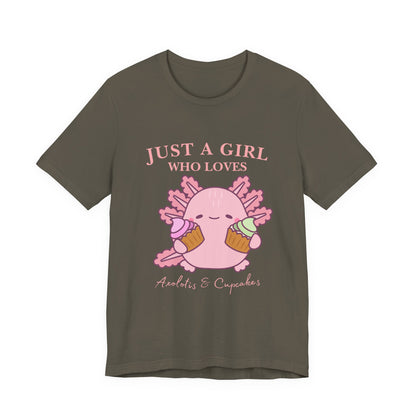 Cute Foodie Shirt for Girls - Just a Girl Who Loves Chocolates & Cupcakes, Fun Casual Tee, Gift for Food Lovers, Axolotis T-shirt