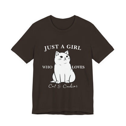 Cat Lover's Tee - 'Just a Girl Who Loves Cats & Cookies', Gift for Cat Mom, Cute Soft T-Shirt, Animal Lover Apparel, Birthday Gift