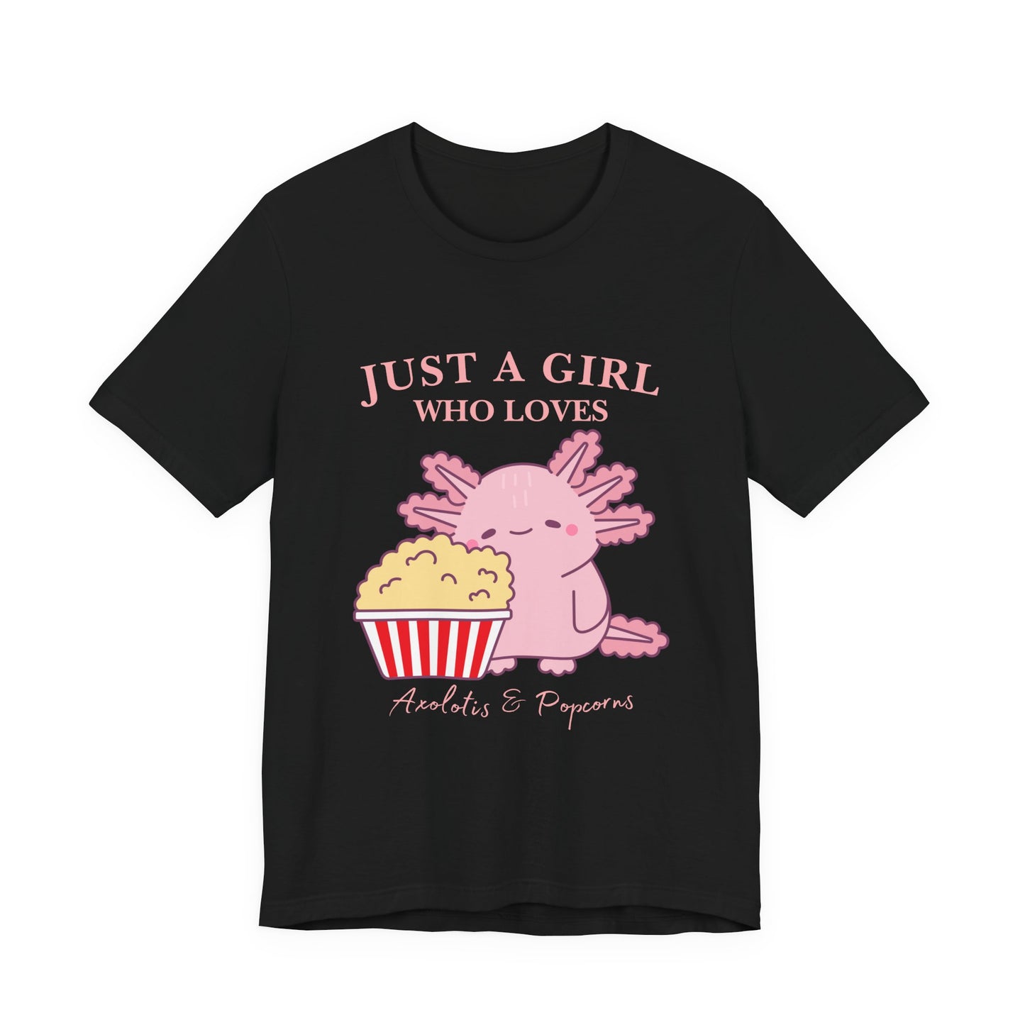 Cute Axolotl Love Popcorn Tee, Fun T-Shirt for Aquatic Lovers, Gift for Pet Lovers, Unique Animal Shirt, Casual Wear, Pop Culture Tee