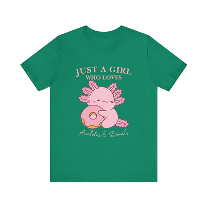 Just a Girl Who Loves Donuts Tee, Cute Graphic T-Shirt, Foodie Gift, Unisex Short Sleeve Shirt, Doughnut Lover Apparel, Fun Casual Wear, Axolotis Tee